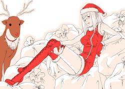Rule 34 | 1girl, armpits, bell, christmas, glasses, gloves, gusu, original, red gloves, red theme, reindeer, santa costume, solo, spot color, thighhighs