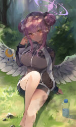 Rule 34 | 1girl, angel wings, barefoot, black jacket, black shorts, blue archive, blush, bottle, breasts, closed mouth, crescent, crescent pin, double bun, feathered wings, forest, grass, gym shorts, hair bun, halo, highres, jacket, large breasts, lkeris, long hair, long sleeves, looking at viewer, mika (blue archive), nature, outdoors, pink hair, pink halo, shorts, sitting, solo, track jacket, white wings, wings, yellow eyes