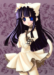 Rule 34 | 1girl, animal hat, bad id, blue eyes, cat hat, dress, hands on own chest, hat, hat with ears, hazuki (tsukuyomi), long hair, momosui piromi, purple hair, solo, tail, thighhighs, tsukuyomi moonphase, zettai ryouiki
