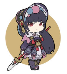 Rule 34 | 1girl, black dress, black hair, black headwear, bonnet, boots, brown background, chibi, closed mouth, commentary request, dress, full body, genshin impact, grey pantyhose, holding, holding polearm, holding weapon, long sleeves, nyaru (nyaru 4126), obi, pantyhose, polearm, puffy long sleeves, puffy sleeves, purple footwear, red eyes, round image, sash, sleeves past wrists, smile, solo, spear, standing, two-tone background, weapon, white background, yun jin (genshin impact)