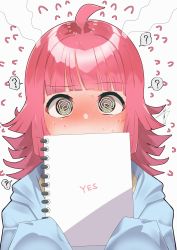 Rule 34 | 1girl, ?, @ @, ^^^, absurdres, ahoge, blue hoodie, blunt bangs, blush, commentary, covered mouth, english text, highres, holding, holding sketchbook, hood, hooded jacket, hoodie, jacket, looking at viewer, love live!, love live! nijigasaki high school idol club, marriage proposal, medium hair, nose blush, pink hair, sketchbook, sleeves past fingers, sleeves past wrists, solo, spoken question mark, steam, sweat, tennoji rina, white background, yaa-kun, yellow eyes, yes