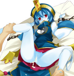 Rule 34 | 1boy, 1girl, after rape, after vaginal, aftersex, bed sheet, blue hair, blue skin, blue vest, blush, breasts, censored, chain, colored skin, commentary request, cum, cum in pussy, cumdrip, feet out of frame, gintarou (kurousagi108), hair between eyes, hat, hetero, jiangshi, leg grab, long sleeves, looking at viewer, medium breasts, miniskirt, mosaic censoring, ofuda, on bed, open mouth, original, panties, panties around leg, pussy, qingdai guanmao, rape, red eyes, red skirt, restrained, sex, sheet grab, shirt, short hair, skirt, solo focus, underwear, vest, white panties, white shirt, wide sleeves, yin yang, yin yang print