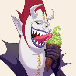 Rule 34 | 1boy, black gloves, closed eyes, eating, food, gecko moria, gloves, high collar, holding, holding food, holding ice cream, horns, ice cream, ice cream cone, licking, male focus, monster boy, msvekla, one piece, open mouth, pale skin, pointy ears, portrait, purple lips, red hair, sharp teeth, spiked hair, stitches, teeth, tongue, tongue out