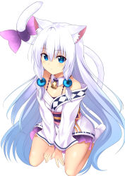 Rule 34 | 1girl, animal ears, argyle, bare shoulders, beads, bell, blue eyes, blue hair, bow, cat ears, cat tail, closed mouth, collar, collarbone, commentary request, detached collar, dress, expressionless, from above, full body, gradient hair, hair beads, hair between eyes, hair ornament, highres, japanese clothes, kimono, long hair, long sleeves, looking at viewer, mahcdai, multicolored hair, neck bell, obi, off shoulder, original, purple bow, purple dress, sash, seiza, short dress, short kimono, sidelocks, simple background, sitting, slit pupils, socks, solo, spaghetti strap, tail, tail bow, tail ornament, v arms, very long hair, white background, white hair, white kimono, white socks, wing collar