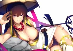 Rule 34 | 1girl, beads, breasts, brown hair, cleavage, collarbone, fate/grand order, fate (series), jewelry, kameponde, large breasts, long hair, lying, on side, panties, pink eyes, prayer beads, ring, shiny skin, simple background, solo, staff, thighs, underwear, white background, xuangzang sanzang (fate)