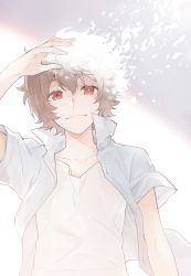 Rule 34 | 1boy, arm at side, arm up, brown hair, closed mouth, collarbone, collared shirt, disappear, dissolving, dress shirt, glowing, grey background, grey hair, hetalia38, kuga yuuma, looking at viewer, open clothes, open shirt, popped collar, rainbow, salute, shirt, short hair, smile, t-shirt, undershirt, upper body, white hair, world trigger