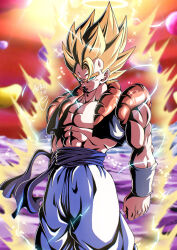 Rule 34 | 1boy, abs, arms at sides, artist name, aura, baggy pants, biceps, blonde hair, blue eyes, blue sash, blurry, blurry background, bracer, closed mouth, commentary request, cowboy shot, dragon ball, dragonball z, electricity, energy, gogeta, hair between eyes, highres, looking at viewer, male focus, metamoran vest, muscular, muscular male, open clothes, open vest, pants, pectorals, sash, serious, seya (asasei 718), signature, solo, spiked hair, standing, super saiyan, super saiyan 1, v-shaped eyebrows, vest, white pants