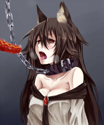 Rule 34 | 1girl, animal ears, bare shoulders, blank eyes, breasts, brown hair, chain, cleavage, collar, hiba (p-p-purin), hot dog, imaizumi kagerou, large breasts, leash, long hair, open mouth, pet, pet play, red eyes, saliva, sexually suggestive, solo, tongue, tongue out, touhou, wolf ears