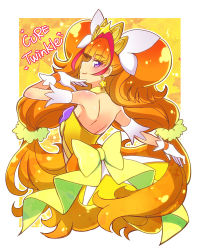 Rule 34 | 1girl, amanogawa kirara, bare shoulders, brown hair, character name, choker, cure twinkle, earrings, gloves, go! princess precure, jewelry, katsuma rei, long hair, looking at viewer, magical girl, precure, purple eyes, smile, solo, star (symbol), star earrings, twintails, very long hair, white gloves