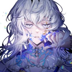 Rule 34 | 1boy, bishounen, blood, blood on face, blood on hands, blue blood, boli youyu, chain, hair between eyes, lens flare, long hair, looking at viewer, male focus, muxiangzi95632, solo, stylized blood, the tale of food, upper body, white background, white eyes, white hair
