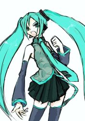 Rule 34 | 1girl, aqua hair, arm at side, belt, black footwear, black skirt, boots, clenched hand, collared shirt, cowboy shot, detached sleeves, grey shirt, hair ornament, hatsune miku, headphones, headset, legs apart, long hair, microphone, miniskirt, nakamoto masami, necktie, pleated skirt, shirt, simple background, sketch, skirt, solo, thigh boots, thighhighs, twintails, vocaloid, white background