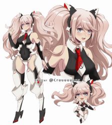 Rule 34 | 1girl, alternate costume, animal ears, bare shoulders, black choker, black leotard, black thighhighs, blush, boots, breasts, cat ears, chibi, choker, clothing request, commentary, covered navel, criis-chan, cropped torso, danganronpa: trigger happy havoc, danganronpa (series), detached sleeves, enoshima junko, fake animal ears, full body, hand up, headgear, high heel boots, high heels, leotard, light brown hair, long hair, looking at viewer, medium breasts, multiple views, nail polish, necktie, open mouth, red nails, red neckwear, short necktie, shoulder tattoo, simple background, tagme, tattoo, teeth, thighhighs, thighs, twintails, twitter username, upper teeth only, white background, white neckwear