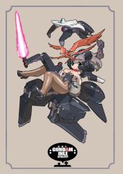 Rule 34 | 1girl, 2022, advance of zeta, beam saber, black leotard, black pantyhose, breasts, brown background, character name, extra arms, floating, floating hair, from side, green eyes, grey hair, gundam, hands on own chest, holding, holding sword, holding weapon, humanization, kenki fujioka, leotard, looking at viewer, mecha musume, mechanical arms, pantyhose, parted lips, short hair, small breasts, solo, sword, tr-6 inle, weapon, wrist cuffs