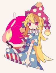 Rule 34 | 1girl, :p, american flag dress, blonde hair, blue dress, blue pants, circle, clownpiece, daizu (melon-lemon), dress, fire, full body, hat, holding, holding torch, jester cap, long hair, multicolored clothes, multicolored dress, multicolored pants, pants, purple hat, red dress, red eyes, red pants, simple background, solo, tongue, tongue out, torch, touhou, white background