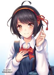 Rule 34 | 1girl, ahoge, arms up, artist name, bag, black hair, blue background, blush, bow, bowtie, brown eyes, closed mouth, collared shirt, commentary, dated, gradient background, hair ribbon, highres, kimi no na wa., ling (doraling12), long sleeves, looking at viewer, miyamizu mitsuha, red bow, red bowtie, red ribbon, ribbon, school uniform, shirt, short hair, shoulder bag, solo, white background, white shirt, wing collar