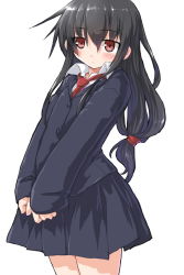 Rule 34 | 10s, 1girl, black hair, black skirt, blazer, collared shirt, dd (ijigendd), hatsushimo (kancolle), jacket, kantai collection, long hair, long sleeves, low-tied long hair, necktie, own hands together, pleated skirt, red eyes, shirt, simple background, skirt, solo, white background