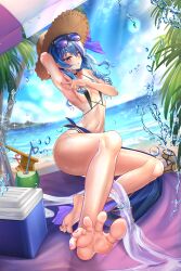 Rule 34 | 1girl, absurdres, alternate costume, arched back, arm support, arm up, armpits, axe, barefoot, beach, beach towel, beach umbrella, bikini, black bikini, black choker, blue eyes, blue sky, blurry, blurry background, blush, breasts, choker, coconut cup, cooler, day, depth of field, drinking straw, dutch angle, eyelashes, eyewear on head, feet, foot focus, foreshortening, full body, gold trim, hair between eyes, hat, hat ribbon, highres, hololive, hoshimachi suisei, jagoo, jewelry, knee up, legs, lens flare, long hair, looking at viewer, nail polish, navel, necklace, ocean, on ground, open mouth, outdoors, paid reward available, palm tree, purple nails, ribbon, sandals, unworn sandals, shiny skin, sitting, sky, slingshot swimsuit, small breasts, smile, smug, soles, solo, sparkle, splashing, spread armpit, spread toes, star (symbol), star necklace, strappy heels, straw hat, sunglasses, swimsuit, thighs, toenail polish, toenails, toes, towel, tree, umbrella, virtual youtuber