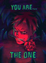 Rule 34 | 1boy, arkuny, blonde hair, dorohedoro, english text, evil smile, facial mark, flower, flower in mouth, grin, highres, image macro (meme), looking at viewer, male focus, meme, multicolored hair, no eyebrows, pov inside mouth, risu (dorohedoro), rose, seductive smile, sharp teeth, smile, solo, teeth, two-tone hair, upper body, valentine