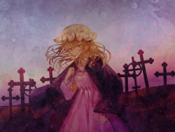 Rule 34 | 1girl, absurdres, black jacket, blonde hair, breasts, cowboy shot, cross, dress, expressionless, eyelashes, floating hair, gradient sky, grave, hair between eyes, hat, highres, holding, holding jewelry, holding necklace, huge filesize, jacket, jewelry, long hair, long sleeves, looking down, maribel hearn, mob cap, necklace, parted lips, pendant, pink dress, puffy sleeves, purple eyes, shima honami, sky, small breasts, solo, standing, star (sky), tombstone, touhou, twilight, white hat, wide sleeves