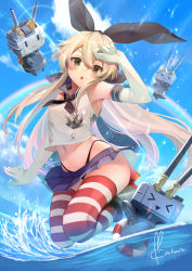 Rule 34 | 1girl, absurdres, black hairband, black panties, blonde hair, blue sky, blush, chestnut mouth, cloud, crop top, day, elbow gloves, gloves, grey eyes, hair ornament, hairband, highleg, highleg panties, highres, kantai collection, koruta (nekoimo), long hair, looking at viewer, miniskirt, navel, open mouth, panties, rainbow, rensouhou-chan, school uniform, shimakaze (kancolle), skirt, sky, striped clothes, striped thighhighs, thighhighs, underwear, white gloves