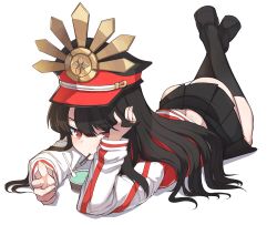 Rule 34 | 1girl, ass, back, black hair, black thighhighs, fate (series), food, hand in own hair, hat, ice cream, k jin, koha-ace, long hair, looking at viewer, lying, miniskirt, oda nobunaga (fate), oda nobunaga (koha-ace), on stomach, panties, pleated skirt, pocky, pointing, pointing at viewer, red eyes, simple background, skirt, smile, solo, the pose, thighhighs, top-down bottom-up, underwear, white background, white panties