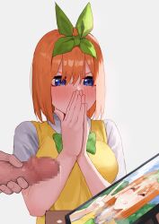 Rule 34 | 1boy, 1girl, after ejaculation, amog, blue eyes, blush, bob cut, bow, breasts, censored, collared shirt, commentary request, cum, cum on object, cum on picture, go-toubun no hanayome, green bow, green hairband, green ribbon, hair between eyes, hair ribbon, hairband, hands on own face, highres, large breasts, male masturbation, masturbation, medium hair, mosaic censoring, nakano yotsuba, orange hair, own hands clasped, own hands together, penis, photo (object), ribbon, school uniform, shirt, simple background, sweater, sweater vest, white background, white shirt, yellow sweater, yellow sweater vest