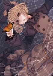 Rule 34 | 1girl, black bow, blonde hair, bow, brown dress, brown eyes, bug, butterfly, commentary, dress, eyebrows hidden by hair, fingernails, frilled bow, frilled dress, frilled sleeves, frills, hair bow, highres, insect, juliet sleeves, kurodani yamame, lips, long sleeves, looking at viewer, orange butterfly, parted lips, ponytail, puffy sleeves, sakuro (kokutousasasa), short hair, silk, solo, spider web, teeth, touhou, upper teeth only, yellow bow