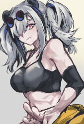 1girl arknights bare_shoulders black_hair breasts commentary_request crop_top elbow_pads eyewear_on_head fang fang_out feater_(arknights) feater_(dojo_star)_(arknights) gradient_background grey_background grey_hair highres large_breasts long_hair looking_at_viewer midriff multicolored_hair official_alternate_costume pink_eyes sidelocks skin_fang smile solo sports_bra stomach streaked_hair sunglasses twintails umi_(umi_no_87) upper_body yellow_background