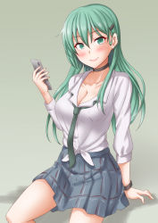 Rule 34 | 1girl, alternate costume, anti (untea9), aqua eyes, aqua hair, breast pocket, breasts, cellphone, choker, cleavage, earrings, gradient background, green background, green necktie, grey choker, grey shirt, hair ornament, hairclip, highres, jewelry, kantai collection, large breasts, long sleeves, looking at viewer, necktie, open clothes, open shirt, phone, plaid, plaid skirt, pocket, school uniform, shadow, shirt, sitting, skirt, smartphone, solo, suzuya (kancolle), watch, white shirt, wristwatch