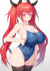 Rule 34 | 1girl, alexmaster, alternate costume, bare shoulders, blue one-piece swimsuit, blush, breasts, cleavage, clothes pull, collarbone, covered navel, highleg, highleg swimsuit, large breasts, long hair, looking at viewer, mole, mole on breast, one-piece swimsuit, one-piece swimsuit pull, red eyes, red hair, solo, swimsuit, thighs, twintails