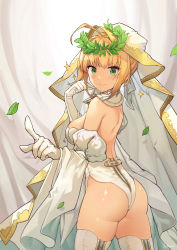 Rule 34 | 10s, 1girl, ahoge, ass, blonde hair, blush, breasts, detached sleeves, fate/extra, fate/extra ccc, fate/grand order, fate (series), gloves, green eyes, highres, large breasts, leaf, looking at viewer, looking back, nero claudius (bride) (fate), nero claudius (bride) (third ascension) (fate), nero claudius (fate), nero claudius (fate) (all), pointing, pointing at viewer, sjh, smile, solo, sparkle, thighhighs, thighs, veil, white gloves, white thighhighs, zipper