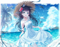 Rule 34 | 1girl, absurdres, animal ear fluff, animal ears, bare shoulders, black hair, blue eyes, blue sky, blush, border, breasts, brown hat, cat ears, cloud, cloudy sky, commentary, darang, day, dress, flower, hair flower, hair ornament, hat, highres, huge filesize, long hair, looking at viewer, ocean, open mouth, original, outdoors, outside border, palm tree, red flower, ribbon, skirt hold, sky, sleeveless, sleeveless dress, solo, standing, straw hat, sun hat, sundress, symbol-only commentary, teeth, tree, upper teeth only, water, white dress, white ribbon
