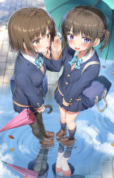 Rule 34 | 2girls, bag, black legwear, blue skirt, blue sky, blush, bow, bowtie, breasts, brown eyes, buttons, cloud, commentary request, crotch seam, day, full body, hair between eyes, hair ornament, hairband, hairclip, highres, holding, leaf, long hair, long sleeves, looking at viewer, multiple girls, nedia (nedia region), one side up, open mouth, original, outdoors, panties, pantyhose, pantyshot, pantyshot through reflection, pleated skirt, purple eyes, reflection, school bag, school uniform, serafuku, shoes, short hair, skirt, sky, small breasts, smile, socks, standing, sweatdrop, umbrella, underwear, upskirt, water, whispering, white panties