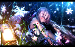 Rule 34 | 1girl, alternate costume, bare arms, bat wings, black dress, blood, blood on face, breasts, dress, flower, forest, grass, lantern, letterboxed, nature, red eyes, remilia scarlet, ryosios, sideboob, silver hair, sitting, sleeveless, sleeveless dress, snowflakes, solo, thigh strap, touhou, wings