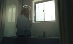 Rule 34 | 1girl, bathroom, brown hair, cigarette, commentary, daruma karei, day, facing away, from behind, halo, highres, holding, holding cigarette, indoors, lighter, long hair, long sleeves, original, shirt, sitting, smoke, smoking, solo, white shirt, window, zippo lighter