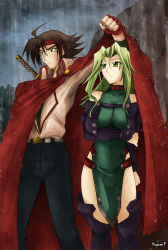 Rule 34 | 1boy, 1girl, banpresto, breasts, cross scar, crossed arms, crossover, domon kasshu, frown, g gundam, gundam, haganef, lamia loveless, large breasts, legs, long legs, outdoors, pelvic curtain, rain, scar, shared cape, shared clothes, standing, super robot wars, super robot wars advance, thighhighs, thighs, weapon, weapon on back