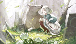 Rule 34 | 1girl, absurdres, braid, capelet, commentary request, day, dress, eyes visible through hair, flower, grass, green capelet, highres, huge filesize, leaf, light rays, medium hair, nakamura haco, open mouth, original, outdoors, red legwear, ribbed legwear, rock, smile, solo, squatting, sunbeam, sunlight, tiptoes, tree, white dress, white flower, white hair, white headwear, white wolf, wind, wolf, yellow eyes
