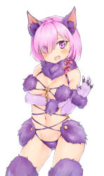 Rule 34 | 1girl, :d, absurdres, animal ears, bare shoulders, blush, breast hold, breasts, claw pose, cleavage, contrapposto, cowboy shot, detached collar, elbow gloves, eyes visible through hair, fang, fate/grand order, fate (series), fur-trimmed gloves, fur-trimmed legwear, fur collar, fur trim, gloves, hair over one eye, hand on another&#039;s arm, hansal, highres, looking at viewer, mash kyrielight, mash kyrielight (dangerous beast), medium breasts, navel, official alternate costume, open mouth, pink hair, purple eyes, purple gloves, shield, shiny skin, short hair, simple background, smile, solo, standing, stomach, tail, tareme, thighs, white background, wolf ears, wolf tail