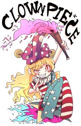 Rule 34 | 1girl, american flag legwear, american flag print, american flag shirt, arm above head, blonde hair, blush stickers, character name, chibi, clownpiece, crazy eyes, fire, grin, hat, highres, holding, holding torch, jester cap, long hair, looking at viewer, neck ruff, no shoes, print shirt, red eyes, ripu (lipi), sharp teeth, short sleeves, simple background, sitting, smile, solo, star (symbol), teeth, torch, touhou, uneven eyes, v, very long hair, white background