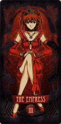 Rule 34 | 1girl, bare legs, bare shoulders, blue eyes, bracelet, brown hair, card, crossed legs, crown, dress, earrings, formal, hands on lap, highres, jewelry, legs, legs folded, looking at viewer, neck ring, necklace, neon genesis evangelion, non-web source, official art, own hands together, red dress, red footwear, souryuu asuka langley, tarot, tarot (medium), the empress (tarot), thighs