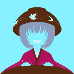 Rule 34 | 1girl, blending, blue background, bowl, bowl hat, flat color, hat, highres, japanese clothes, kimono, limited palette, maskin mei, minimalism, no eyes, no lineart, portrait, purple hair, red kimono, silhouette, simple background, solo, sukuna shinmyoumaru, touhou, wide sleeves