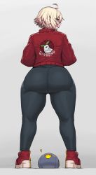 Rule 34 | 1girl, absurdres, ass, blonde hair, borrowed character, chris (ginseng), commentary, from behind, grey background, highres, jacket, krekkov, looking at viewer, looking back, original, red jacket, shoes, short hair, simple background, sneakers, thick thighs, thighs