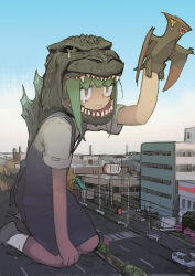 1girl apron black_skirt blue_apron blue_sky building car character_hat city clenched_teeth commentary day drooling frown full_body giant giantess godzilla godzilla_(series) gradient_sky green_eyes green_hair gyaos hand_on_own_knee hand_puppet hand_up highres kneeling long_hair motor_vehicle original parted_lips power_lines puppet road shirt short_sleeves sidelocks skirt sky solo street tearing_up teeth umezawa_michiko white_shirt