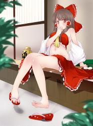 Rule 34 | 1girl, arm support, ascot, barefoot, blurry, bow, brown eyes, brown hair, clothes in front, depth of field, detached sleeves, eating, feet, frilled skirt, frills, hair bow, hair tubes, hakurei reimu, hand to own mouth, highres, indoors, kozue akari, legs, looking at viewer, midriff, navel, plant, sandals, shoes, single shoe, sitting, skirt, unworn skirt, solo, toes, touhou, window