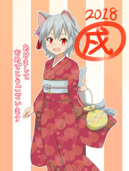 Rule 34 | 1girl, 2018, :d, alternate costume, animal ears, bag, cato (monocatienus), commentary request, grey hair, inubashiri momiji, japanese clothes, kimono, looking at viewer, new year, obi, open mouth, red eyes, sash, short hair, smile, solo, striped, striped background, tail, touhou, translation request, vertical stripes, wolf ears, wolf tail