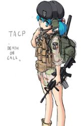 Rule 34 | 1girl, assault rifle, backpack, bag, beret, blue eyes, blue hair, bottomless, bulletproof vest, camouflage, chicago kneesox, desert camouflage, female focus, gun, hair bobbles, hair ornament, hat, headset, kawashiro nitori, m4 carbine, matching hair/eyes, military, military uniform, no pants, rifle, short hair, signature, sleeves rolled up, solo, touhou, uniform, vest, weapon