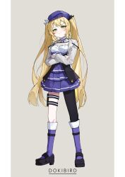 Rule 34 | 1girl, absurdres, blonde hair, blue hat, blue skirt, boots, breasts, brown background, character name, choker, closed mouth, cropped jacket, crossed arms, dokibird (vtuber), earrings, full body, green eyes, grey jacket, hat, highres, holster, indie virtual youtuber, jacket, jewelry, knee boots, long hair, long sleeves, mnemo (mnemorikriyairo), open clothes, open jacket, single earring, single leg pantyhose, skirt, small breasts, smile, solo, standing, thigh holster, twintails, very long hair, virtual youtuber