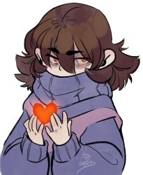 Rule 34 | androgynous, bags under eyes, brown hair, covered mouth, dark persona, eyebrows, frisk (undertale), gender request, glowing, hair between eyes, heart, kayla marquez, long sleeves, looking at viewer, orange eyes, short hair, signature, simple background, solo, striped clothes, striped sweater, sweater, thick eyebrows, turtleneck, undertale, upper body, white background