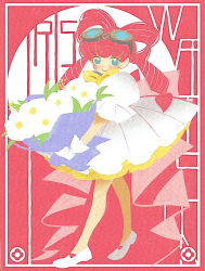 Rule 34 | ace attorney, blue eyes, bouquet, bow, closed mouth, dress, drill hair, flower, gloves, goggles, goggles on head, hair rings, holding, holding bouquet, iris wilson, looking at viewer, pink hair, puffy short sleeves, puffy sleeves, shino bunnys, short sleeves, smile, the great ace attorney, white dress, white gloves, yellow bow