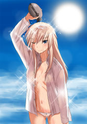 Rule 34 | 1girl, blonde hair, blue eyes, blue sky, blush, canteen, cloud, day, hanna-justina marseille, highres, kaneko (novram58), long hair, novram58, one eye closed, open clothes, open shirt, pouring, shirt, sky, solo, sparkle, strike witches, sun, water, water drop, white shirt, wink, witches of africa, world witches series